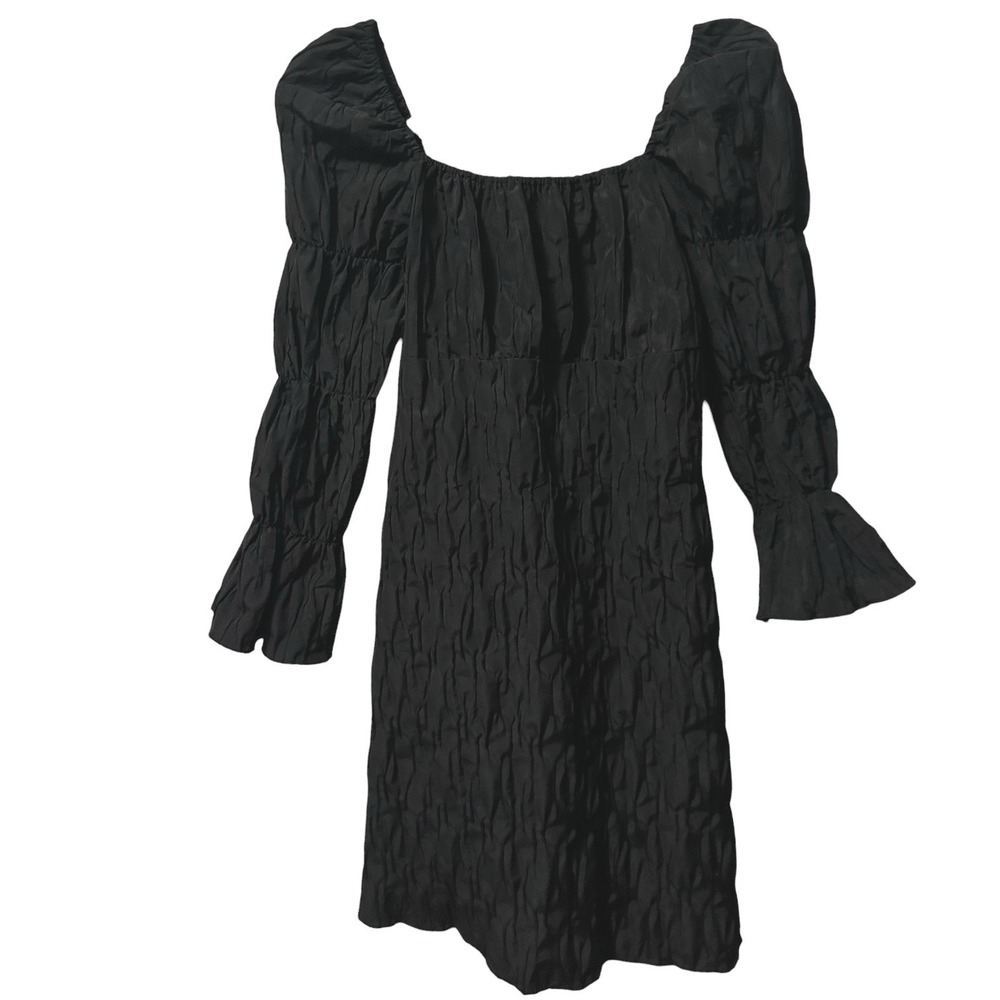 Ghospell Black Crinkled Plisse Mini Dress Square Neck Smocked Puff Sleeve S Goth